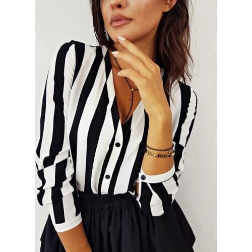 2020 Newest Hot Summer Sexy Women Striped Shirt Black White Elegant V Neck Button Blouse OL Casual Loose Tops Vintage Camisa