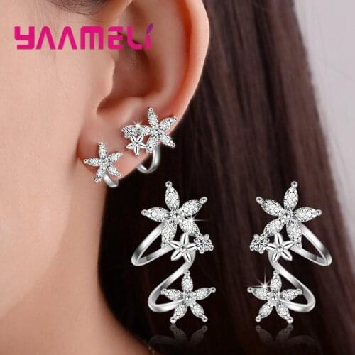 High Grade CZ Zircon Clip Earring Original 925 Sterling Silver Flowers Stars Statement Jewelry Pendientes for Women Female Gift