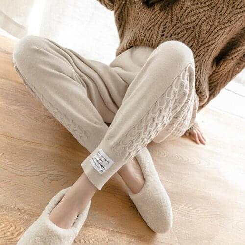 QoerliN High Waist Harem Pants Women Autumn Winter Twist Wool Knitted Ankle-Length Trouser Elastic Waist Lace-up Pants Womens