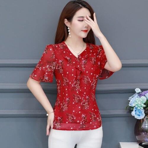 Women Spring Summer Style Chiffon Blouses Shirts Lady Casual Short Sleeve V-Neck Ruffles Decor Printed Blusas Tops DD8924