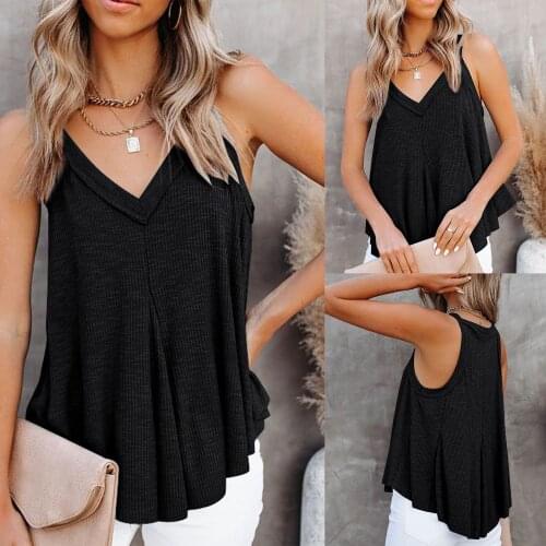 Ladies V-Neck Vest Irregular Multi-Hem Sleeveless Cotton Top Black