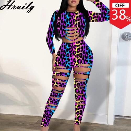 Plus Size Women Sets Clothes Crop Top Long Sleeve&long Pant Hole Sexy Fashion Leopard Print Party Clubwear Summer Two Piece Set