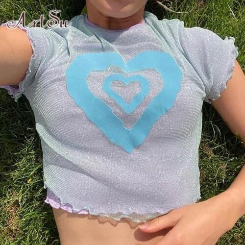 ArtSu Heart Cute Tops Women 2021 Aesthetic Y2K Clothes Kawaii Short Sleeve Crop Top Tshirt Summer T-shirt Graphic Tee Shirt