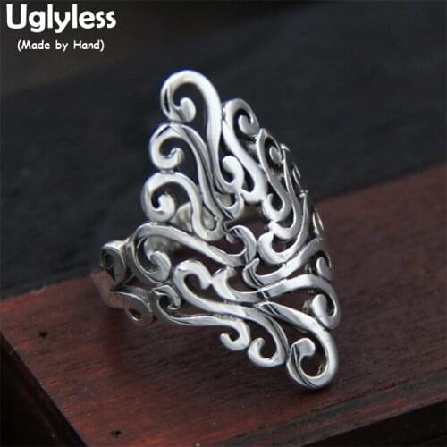 Uglyless Real S925 Sterling Silver Vintage Ethnic Vines Pattern Finger Rings for Women Personalized Big Size Rhombus Ring Hollow