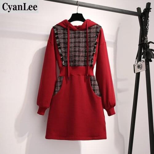 Cyanlee Women Christmas Red Sweatshirt Dress Autumn 2020 Long Sleeve Cotton Patchwork Tassel Plaid Tweed Casual Hooded Dresses
