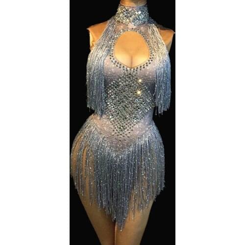 4 Colors Sparkly Rhinestones Tassel Leotard Nightclub Dance DS Show Stage Wear Stretch Bodysuit Party Female Singer Outfit