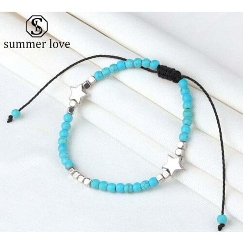 Boho Handmade Natural Stone Turquoises 4mm Beads Bracelet for Women Star Charm Adjustable Bracelet Design Summer Beah Bangle