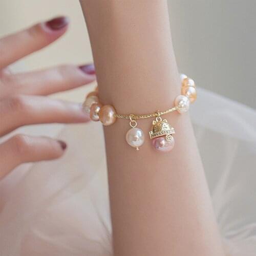 Origin Summer Baroque Lucky Cat Beaded Freshwater Pearl Charm Bracelets for Women Contrasted Rhinestone Metal Bracelets Jewelry