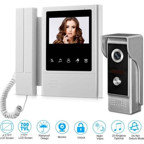4.3'' TFT Color Wired Video Intercom Door Phone Doorbell System for home 700TVL IR Night Vision Outdoor Camera Metal Waterproof