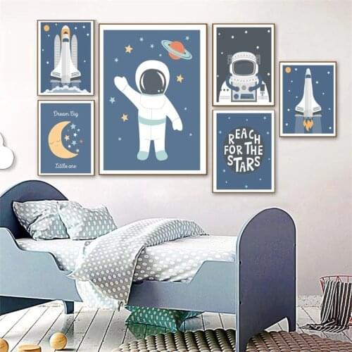Childrens Room Decor Wall Posters Modern Minimalist Cartoon Space Cosmonaut Planet Rocket Alphabet Picture Nursery Room Decor