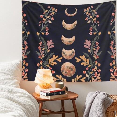 Black Moon Tapestry Wall Hanging Moon Phase Boho Floral Tapestries Hippie Wall Rugs Dorm Decor Blanket 95x73cm