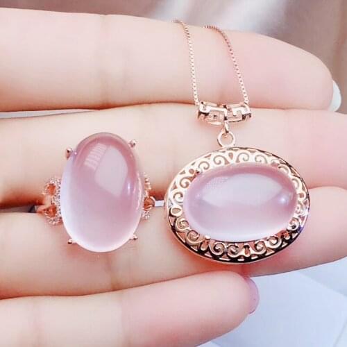 Per jewelry Natural real pink rose quartz oval jewelry set 1pc ring 1pc pendant 7.5ct*2pcs gemstone 925 sterling silver J20481
