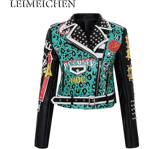 LEIMEICHEN Graffiti Studs Beading PU Leather Jacket Female Punk Style Motorcyle Tassel Leather Jackets Coats Streetwear MT-28815