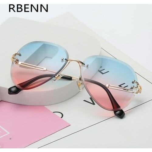 RBENN 2019 New Brand Designer Rimless Pilot Sunglasses Women Men Retro Dimond Cutting Lens Gradient Sun Glasses For Female UV400