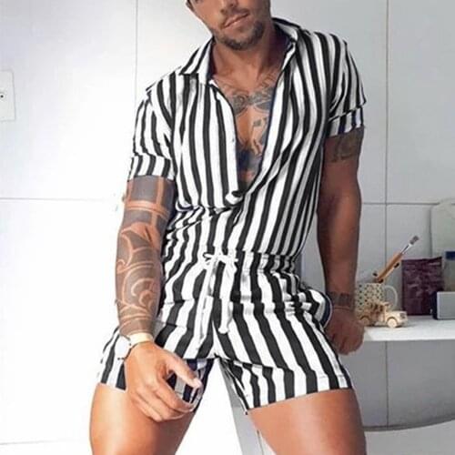 Summer Mens Short Sleeve Striped Printed Button Shorts Rompers Turn Down Collar Jumpsuit Drawstring Casual Playsuit Hombre#g3
