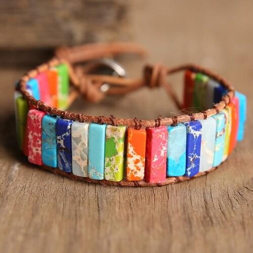 OAIITE Chakra Energy Wrap Bracelet Handmade Jasper Natural Stone Tube Beads Leather Bracelet Boho Couples Bracelets Gifts