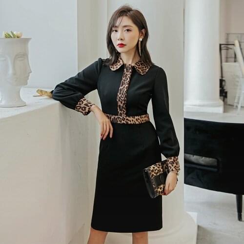 YIGELILA Autumn New Arrivals Black Dress Turn-down Collar With Leopard Elegant Dress Office Lady Lantern Sleeves Dress 65205