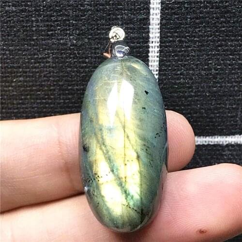Necklace Pendant Natural Yellow Labradorite Beads Jewelry For Woman Lady Man Crystal 32x16x11mm Oval Beads Silver Stone AAAAA