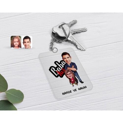 Personalized Dad Girl Caricature Of Transparent Plexiglass Anahtarlık-3