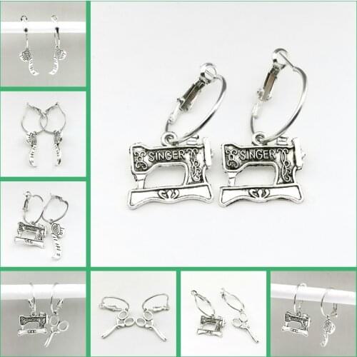 Mini Sewing Machine Tape Measure Scissors Pendant Earrings Men Women Jewelry Fashion Earrings Charm Hoop Earings Small Steampunk