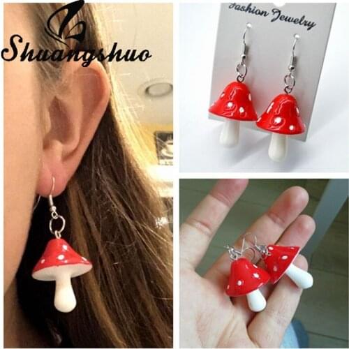 Shuangshuo Cartoon Fashion Sweet Fresh Handmade Plastic Simulation Mushroom Dangle Earrings for Women Accessories Jewelry Gift
