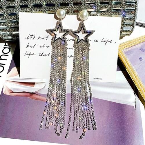 USTAR One Piece Shiny Star Long Tassel Drop Earrings for Women silver color Rhinestone Dangle Earrings Party Wedding Jewelry