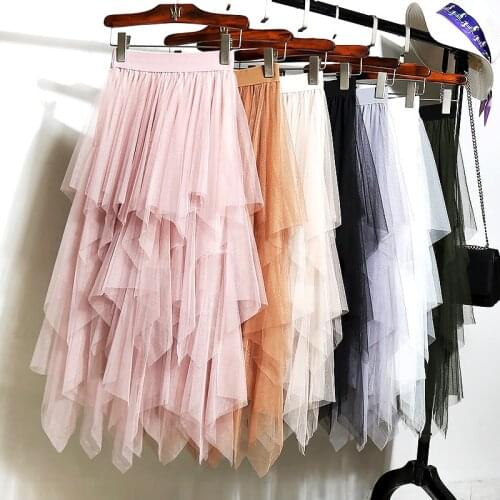 High Waist Long Tulle Skirt Women Irregular Hem Mesh Tutu Skirt Elastic Waist Band A-line Colored Mesh Pleated Mid-calf Skirts