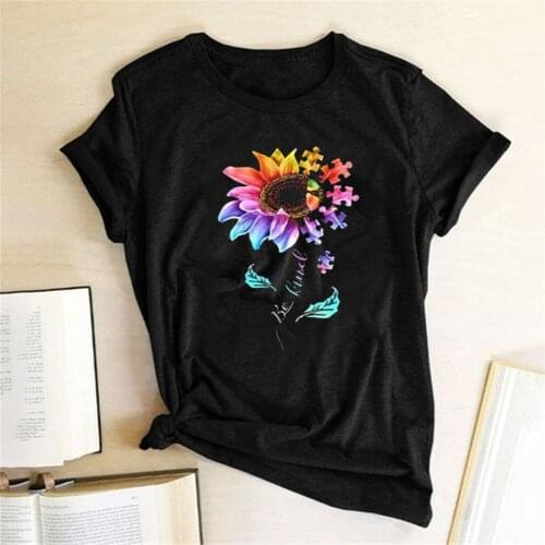 Be Kind Flower Print Women T-shirt Short Sleeve Summer Loose Tee Femme Casual O-Neck Streetwear for Women Clothes Ropa Mujer