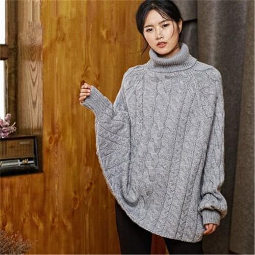 New arrival 100% hand made pure wool turtleneck knit women fashion loose solid H-straight thick cloak sweater one&over size
