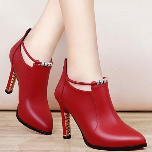 Botas Mujer2021new winter boots women shallow Round Toe red womens boots Thin Heels Zip Ankle boots Pu leather zapatos de mujer
