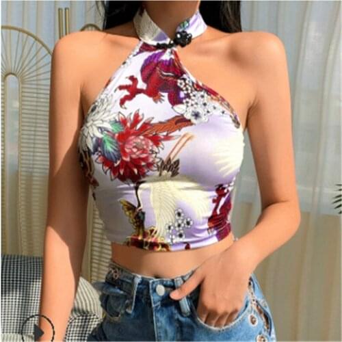 Women Halter Tank Corset Chinese Style Dragon Phoenix Embroidery Sleeveless Crop Top Backless Sexy Tube Tops Summer Clothing