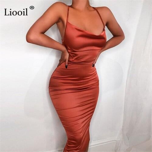 Liooil Sexy Bandage Satin Midi Dress Women 2021 Sleeveless Strapless Drawstring Orange Green Birthday Party Backless Dresses