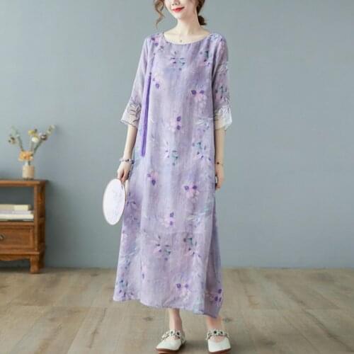 Women Cotton Linen Casual Dress New Arrival 2021 Summer Chinese Style Vintage Floral Print Loose Ladies A-line Long Dresses B818