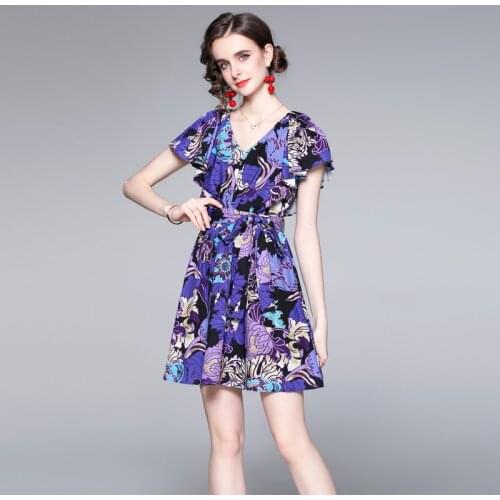 High Quality Women Print Floral V Neck Sexy Cocktail Party Robe New Summer Designer Elegant Vintage Female Mini Dress Vestidos