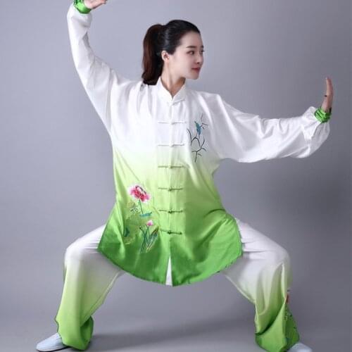 3PC Women Traditional Chinese Embroider Flower Long Sleeve Wushu TaiChi KungFu Uniform Suit Uniforms Tai Chi Exercise Clothing