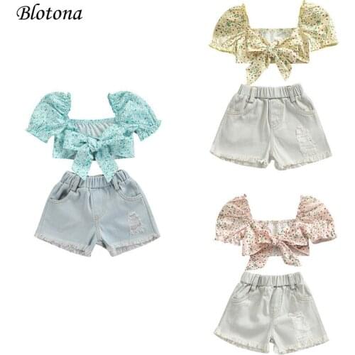 Blotona 2Pcs Little Girls Summer Outfit, Floral Puff Short Sleeve Knotted Crop Tops+ Rough Selvedge Ripped Denim Shorts 1-7Years