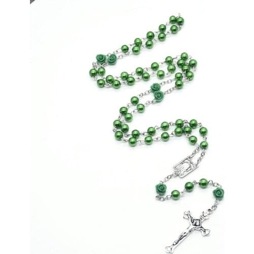 Religion Christian Simulated Pearl Rosary Necklace Virgin Mary Jesus Cross Pendants Long Beads Chains Church Confirmation Gifts