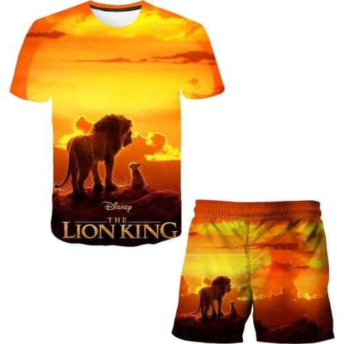The Lion King Printed 4-14T New Fashion Suit Summer Short Sleeve+Shorts O-neck Girls Boys Kids Casual Anime Cartoon Clothes Tops