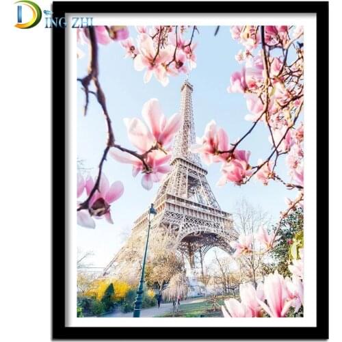 DIY Diamond Painting France Iron Tower Pink Magnolia Flower Square/Round Drill Embroidery Landscape Cross Stitch Mosaic Decor