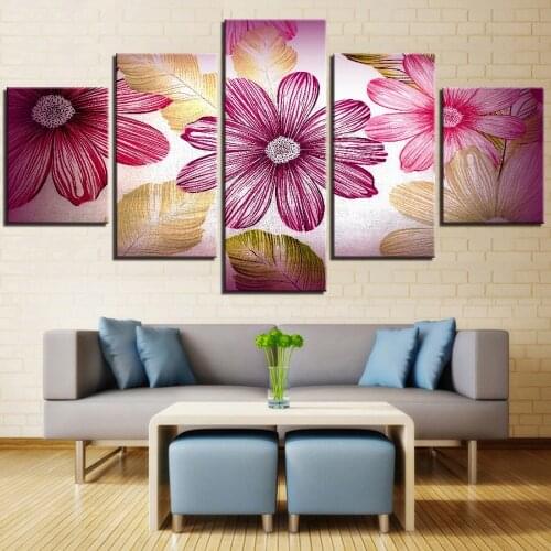 5 Pieces Flowers Canvas Art Oil Painting Pink Purple Plants Posters Abstract Pictures For Home Wall Decor Wallpapers Lines