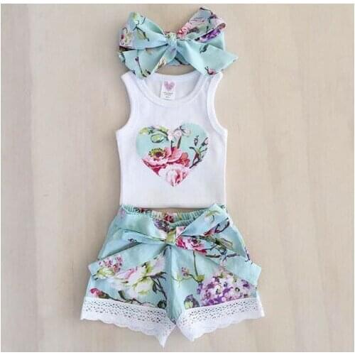 New Girls 3Pcs Set Summer Clothing Set Toddler Clothes Baby Floral Vest Tops +Lace Shorts Outfits Girl Flower Set