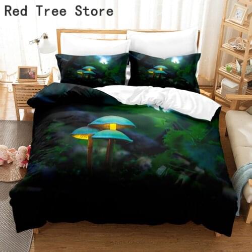 Mushroom Printed Pattern Bedding Set Cartoon Creative Duvet Cover Green Grass Queen King Twin Full Size Cute Comfortable Bed Set