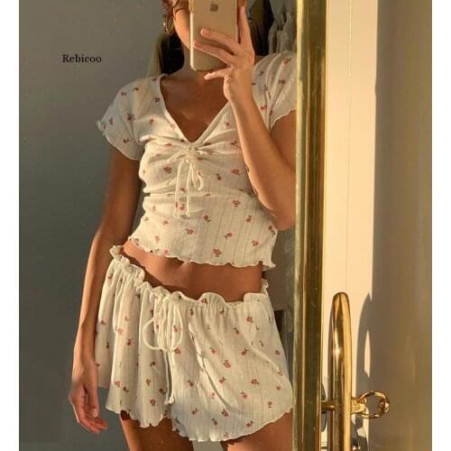 Summer Boho Home Wear Women Loose Top Shorts 2Piece Sets Ladies Stretch Slim Elegant Beach Leisure Vacation Suits
