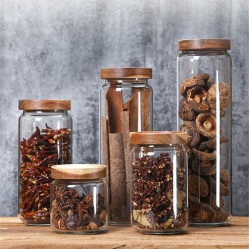 Kitchen Glass Container Storage Jar Wood Lid Airtight Canister Home Food Spice Organizer Bottles Grains Tea Coffee Candy Jars