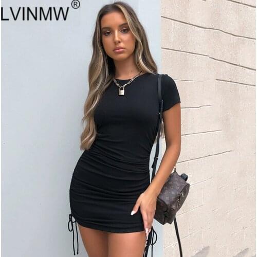 LVINMW Sexy Skinny Mini Dress 2020 Summer Women O Neck Short Sleeve Side Drawstring Bow Dresses Female Streetwear Outfit 5 Color