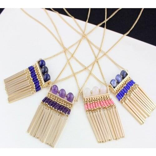 Bohomian Style Fashion Gold Natural Lapis Lazuli Pendant Necklace Beaded Tassel Necklace for Women Jewelry