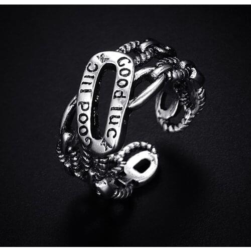 Trendy Vintage Good Luck Antique Silver Plated Punk Hiphop Rock Style Resizable Rings for Women Girl & Man Retro Party Jewelry