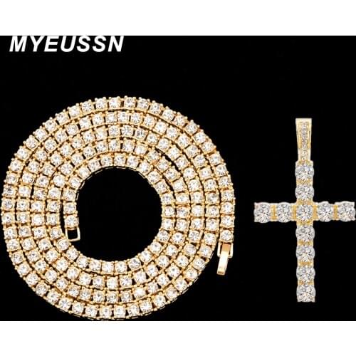 2021 New Hip Hop Cross Pendant Necklace Mens jewelry Iced Out Tennis chain Necklace Gold Color Pendant For Women Chain Jewelry
