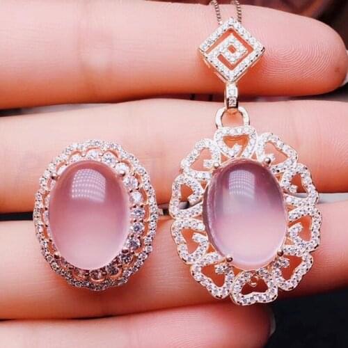 Per jewelry Natural real rose quartz love heart jewelry set 1pc ring 1pc pendant 7.5ct*2pcs gemstone 925 sterling silver J204621