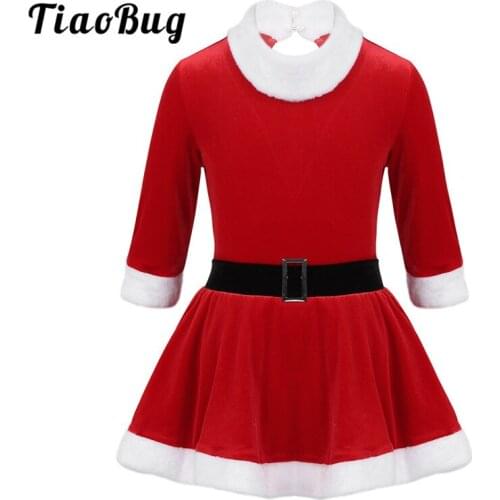 TiaoBug Kids Santa Christmas Costume Stage Performance Dance Wear 3/4 Sleeves Velvet Girls Ballet Leotard Figure Skating Dress